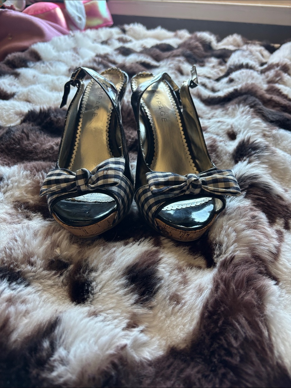 Rampage Black and White Gingham Bow Peep-Toe Slingback Heels